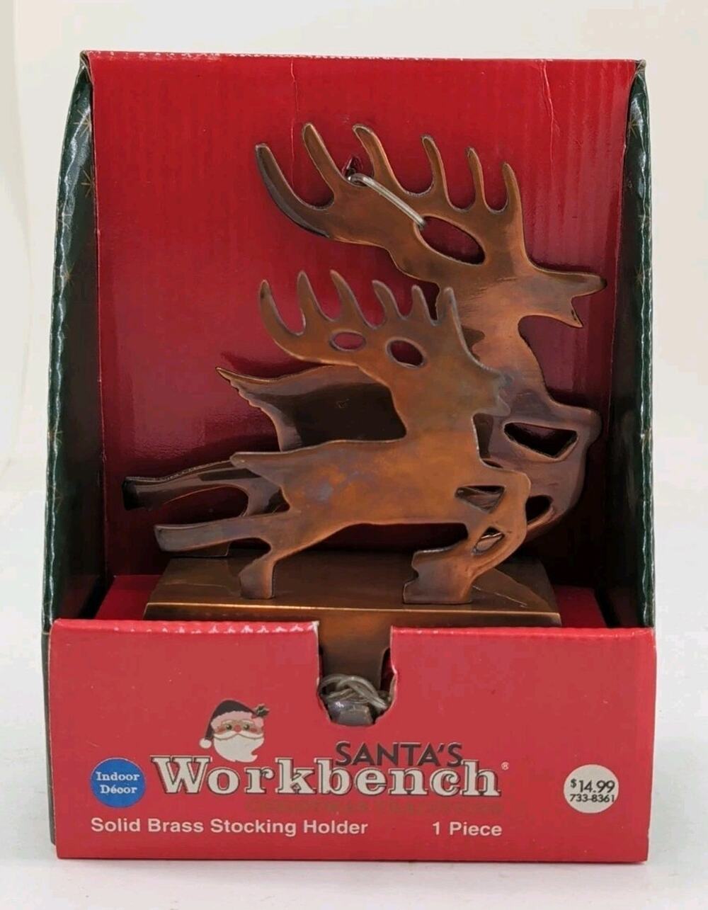 Vtg 2004 Santa’s Workbench Solid Brass Reindeer Stocking Holder Hanger Jo-Ann